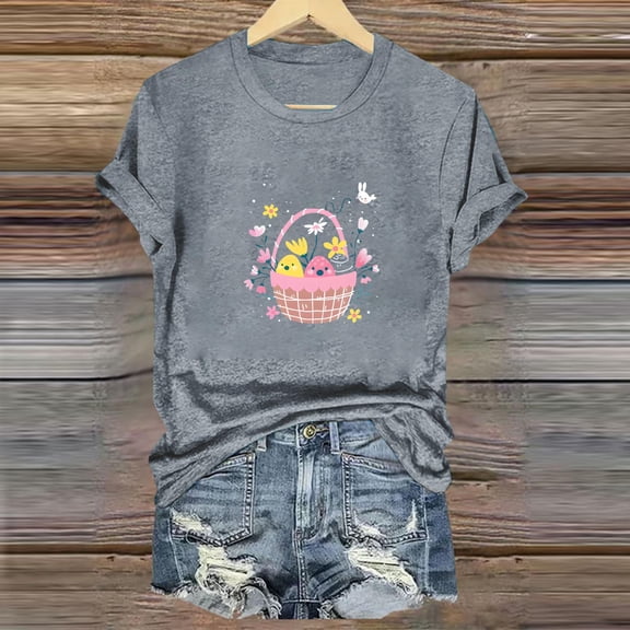 QUNYINEY Easter Women Shirts Casual Pullover Short Sleeve Crew Neck Tops Loose Summer Tops for Women