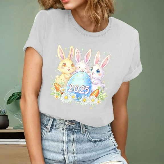 QUNYINEY Easter Women Shirts Crew Neck Casual Pullover Short Sleeve Tops Loose Womens Summer Tops