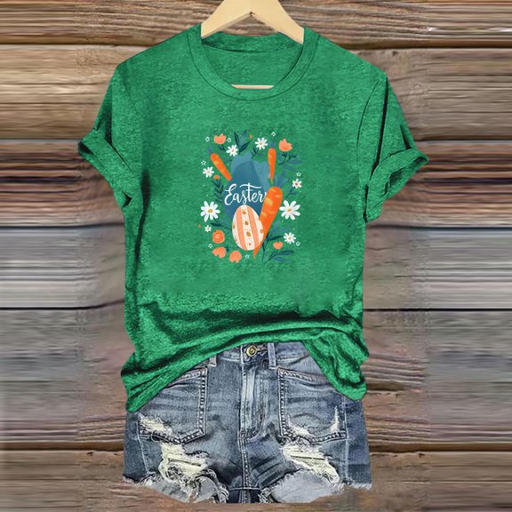 QUNYINEY Easter Women Shirts Crew Neck Short Sleeve Pullover Casual Tops Loose Tops for Women