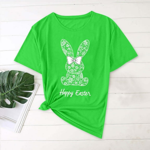 QUNYINEY Easter Women's T-Shirts Casual Crew Neck Pullover Short Sleeve Tops Loose Women Tops