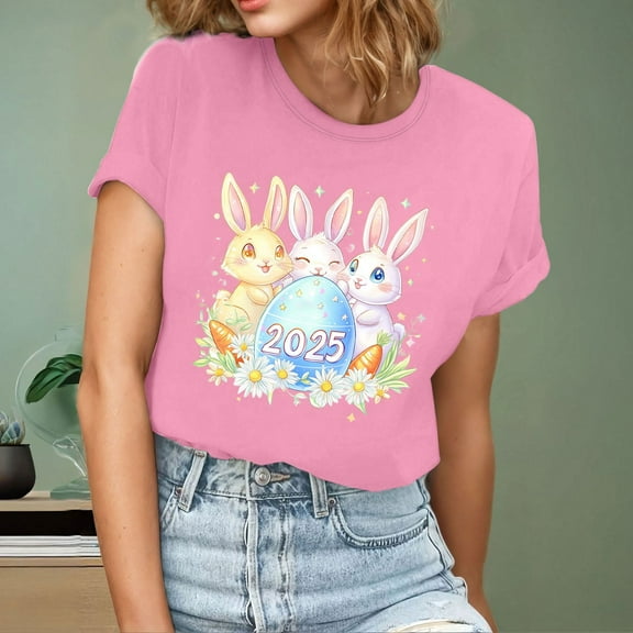QUNYINEY Easter Women's T-Shirts Short Sleeve Pullover Crew Neck Casual Tops Loose Womens Summer Tops