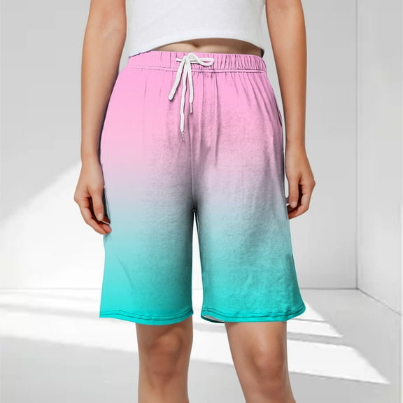 QUNYINEY Elastic Waist Shorts for Women Casual Gradient Bermuda Drawstring Relaxed Fit with Pockets Shorts
