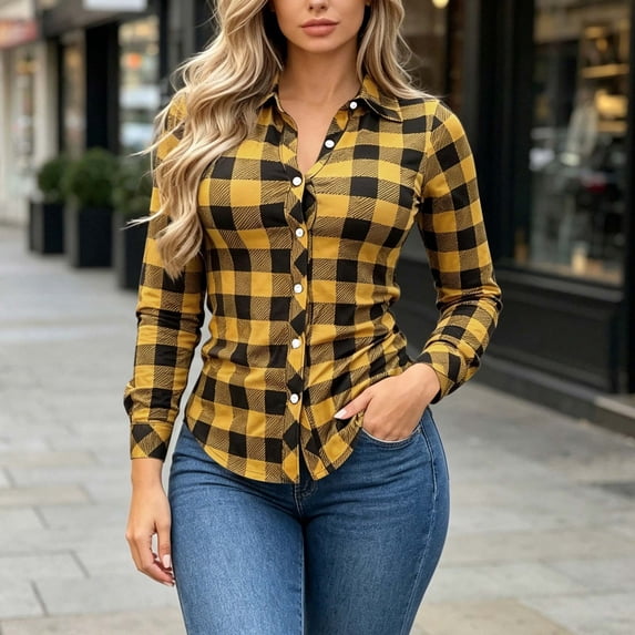 QUNYINEY Fall Button Up Shirts for Women Casual Long Sleeve Plaid Tops Collared Loose Fit Work Womens Blouse