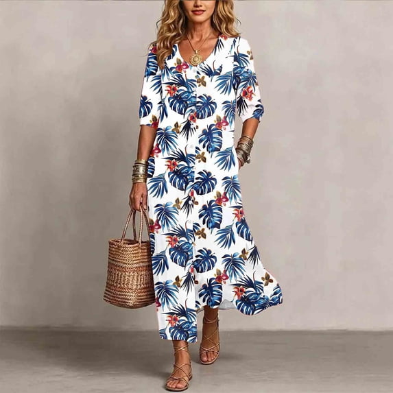 QUNYINEY Fall Dresses for Women Plus Size Button Down Hawaiian 3/4 Sleeve Long Shirt Dress Casual with Pockets Loose Fit Collared A Line Dresses