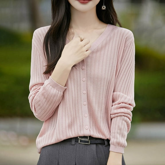 QUNYINEY Fall Jackets for Women 2025 Pink Short Lightweight Outerwear Loose Fit Button Up V Neck Long Sleeve Knit Winter Coats for Women