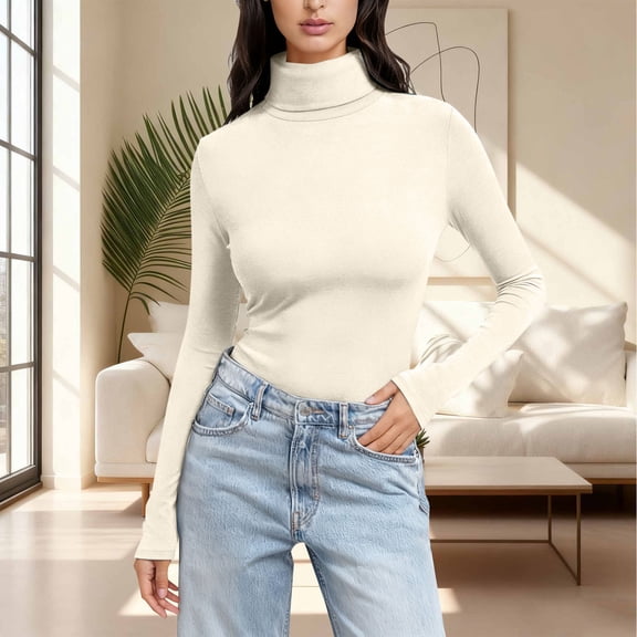 QUNYINEY Fall Shirts Women Beige Long Sleeve Tops Workout Slim Fit Pullover Mock Neck Womens Classic T-Shirt
