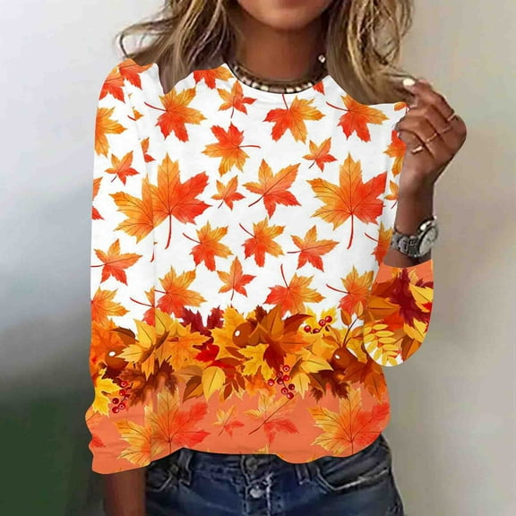 QUNYINEY Fall Shirts for Women 2025 Trendy Thanksgiving Day Maple Leaf Long Sleeve Crewneck Tops Loose Fit Pullover Graphic Tees
