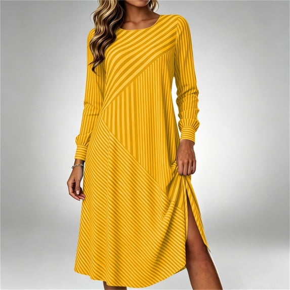 QUNYINEY Fall Women's Dresses Striped Casual Long Sleeve Midi A Line Dress Flowy Loose Fit Crew Neck Dresses