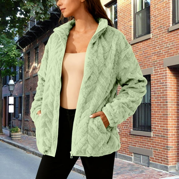 QUNYINEY Fall Womens Jackets Green Lightweight Zip Up Fleece Outerwear Loose Fit Winter with Pockets Long Sleeve Stand Collar Women Coat