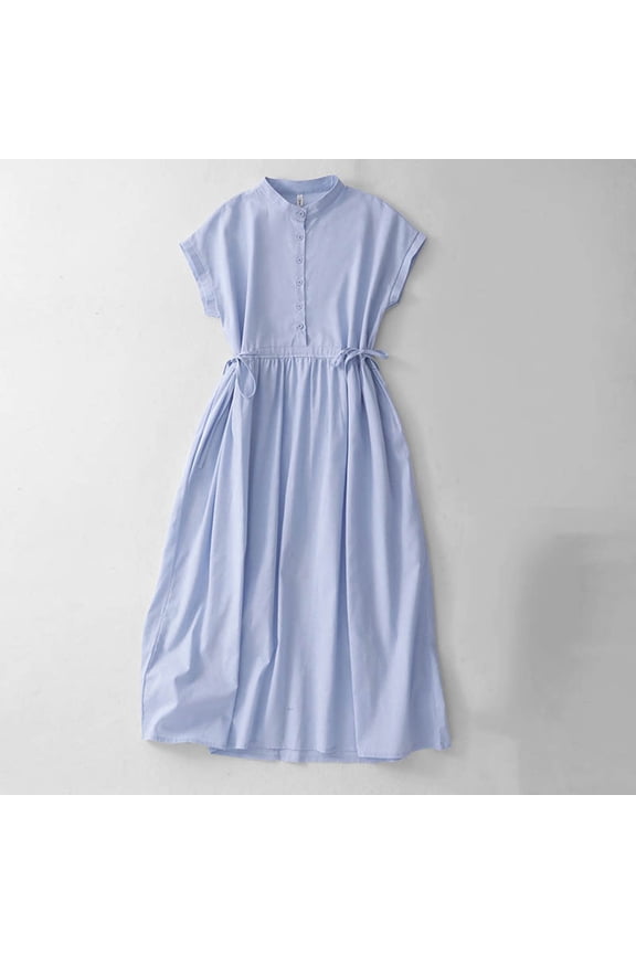 Faux Cotton Linen Dresses Women Summer Short Sleeve Midi Blue A Line Dress Casual Drawstring Mock Neck Loose Fit Button Dresses