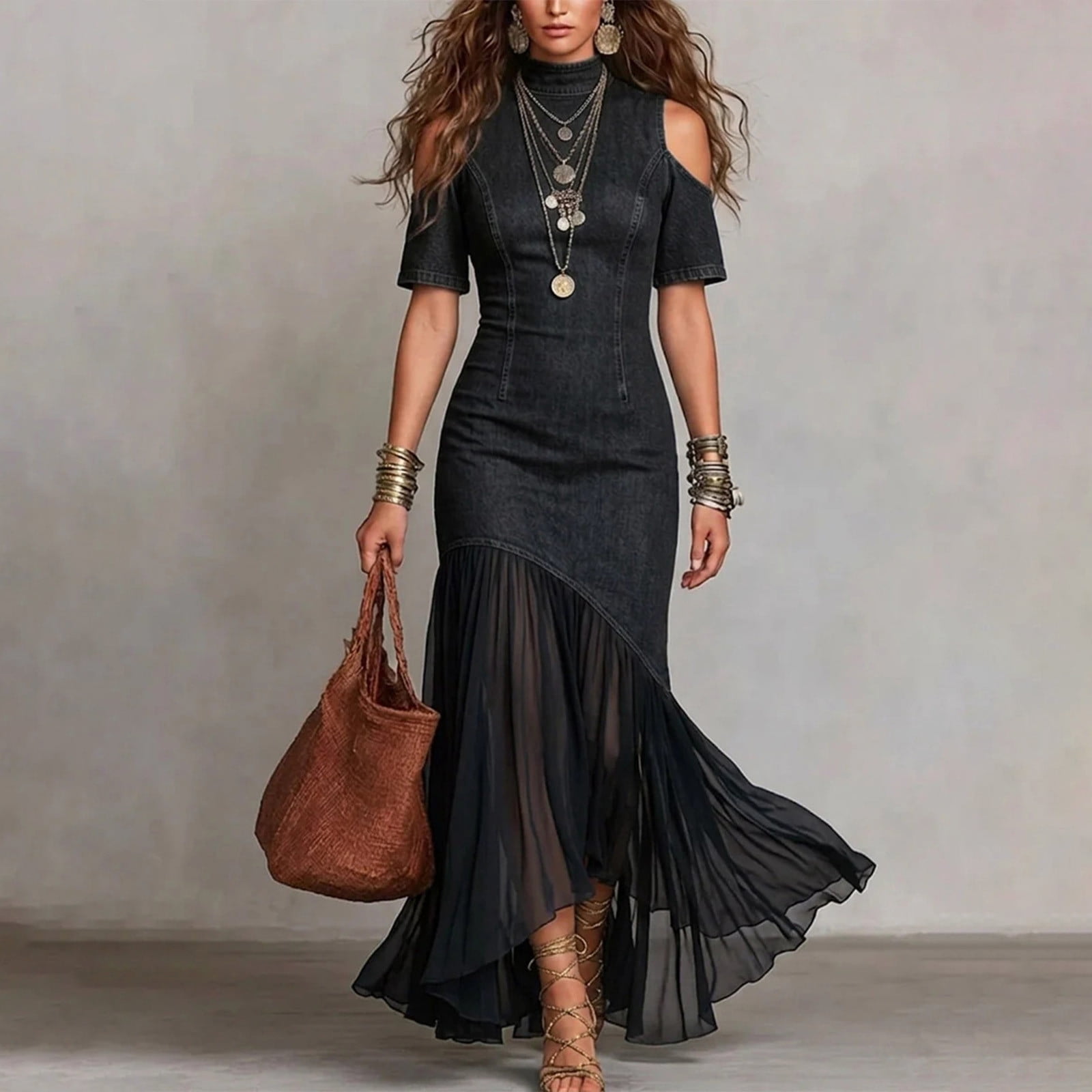 QUNYINEY Faux Denim Women Wedding Guest Dress Long Formal Elegant Short Sleeve Flowy Slim Fit Mock Neck Cold Shoulder Mesh Hem Dresses