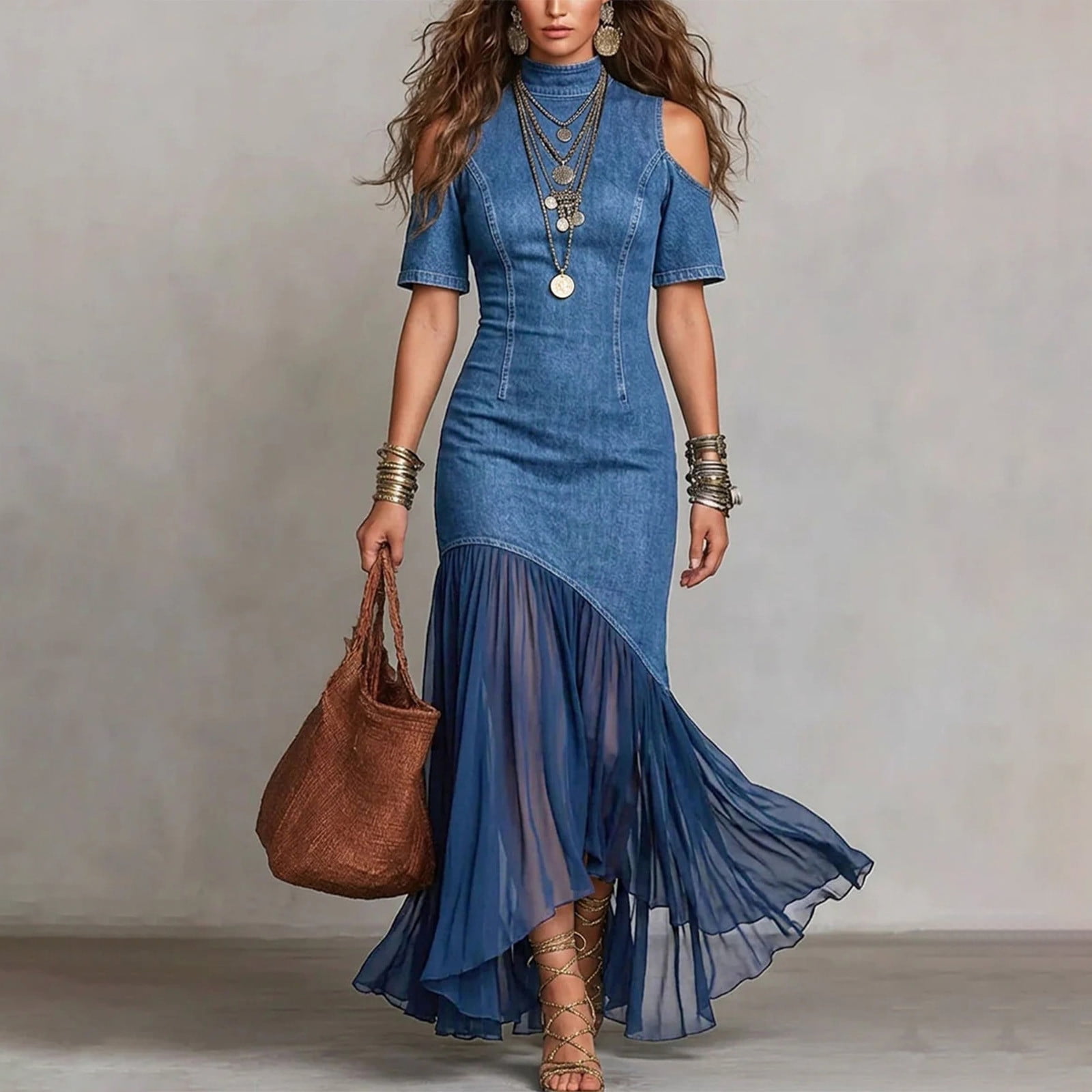 QUNYINEY Faux Denim Women Wedding Guest Dress Long Formal Elegant Short Sleeve Flowy Slim Fit Mock Neck Cold Shoulder Mesh Hem Dresses