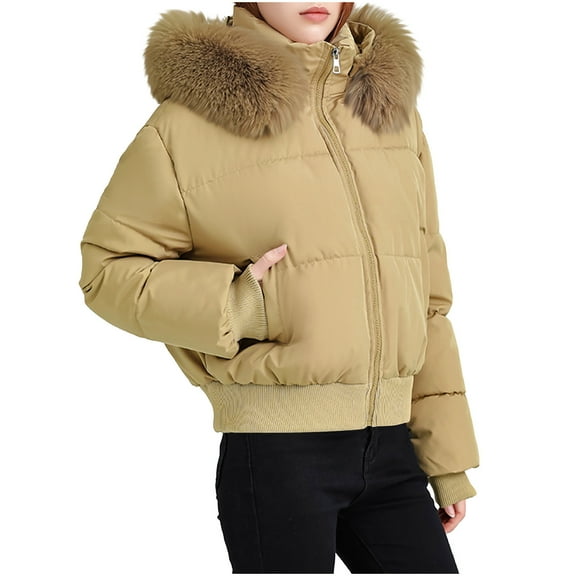 QUNYINEY Faux Fur Fall Puffer Jackets for Women 2025 Yellow Hooded Full Zip Outwear with Pockets Long Sleeve Loose Fit Women's Winter Coats