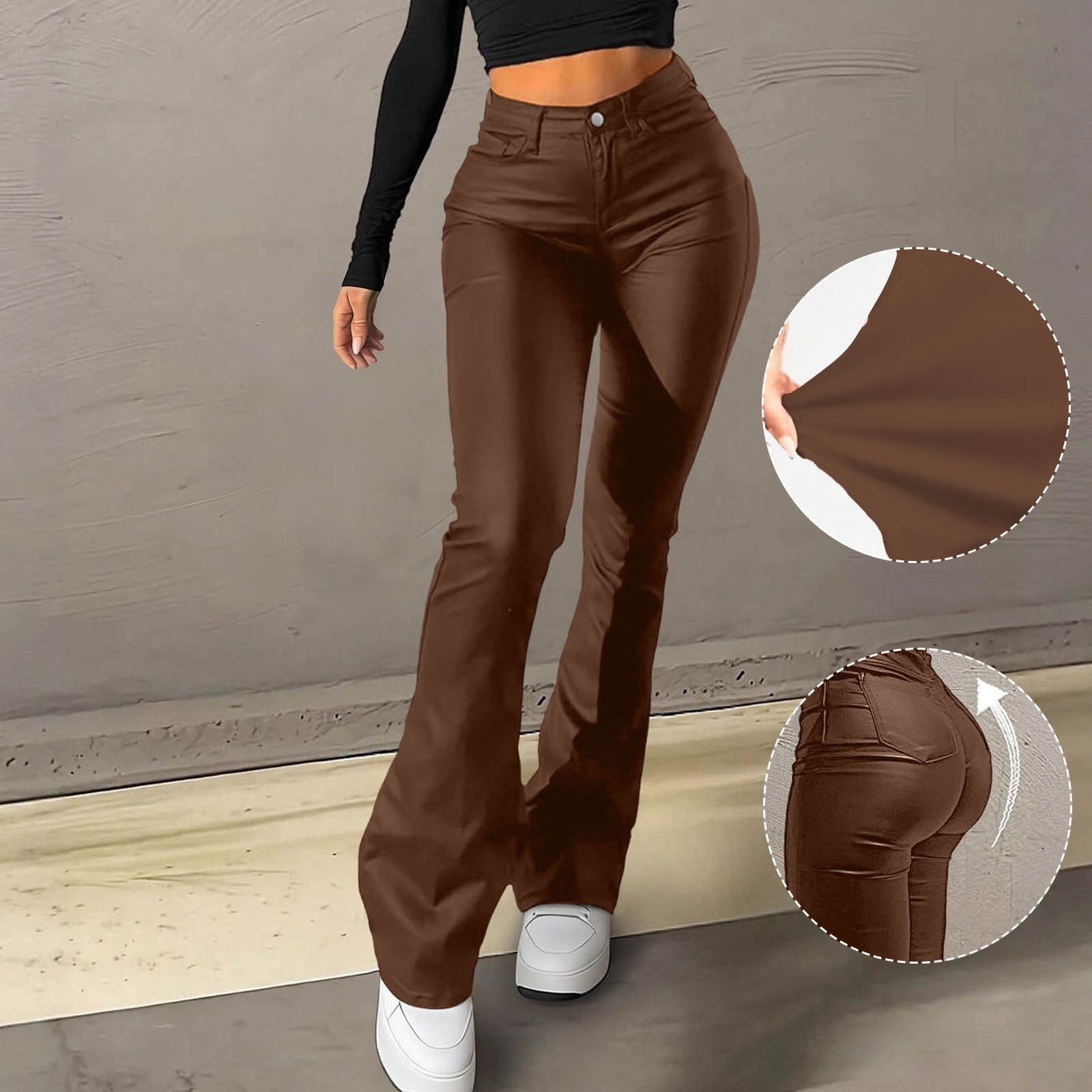 QUNYINEY Faux Leather Compression Leggings for Women Brown Casual Tummy Control Jegging with Pockets Skinny Flare Leggings