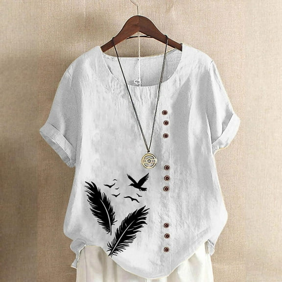 QUNYINEY Feather Women's Tops Casual Short Sleeve Crew Neck Shirts Pullover Button Loose Linen Tops