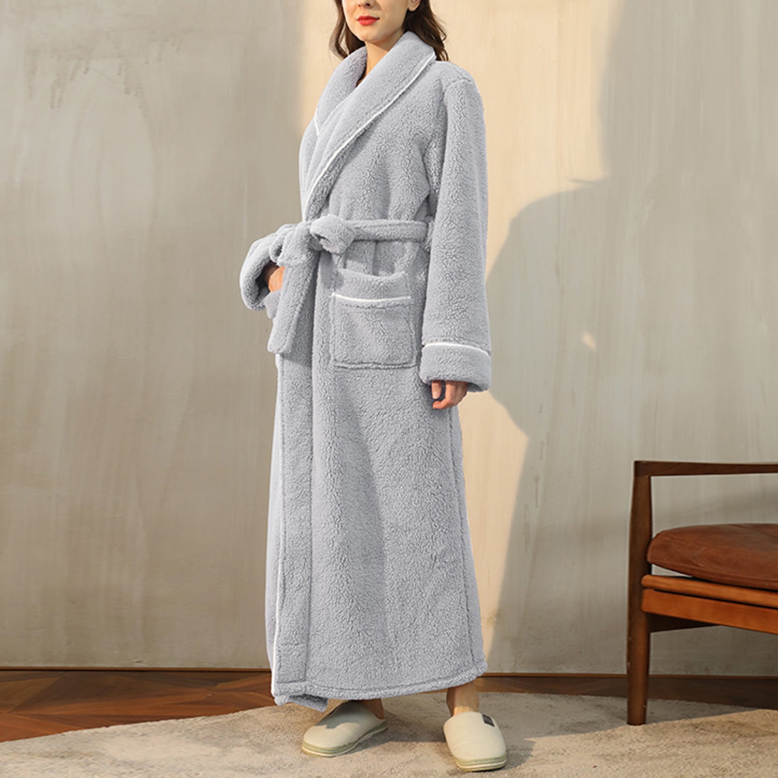 Qunyiney Fleece Robe Women Gray Solid Long Sleepwear Bathrobe Thicken Long Sleeve Warm Heavyweight Shawl Collar Belt Loungewear Qunyiney Fleece Robe Women Gray Solid Long Sleepwear Bathrobe Thicken Long Sleeve Warm Heavyweight Shawl Collar Belt Loungewear