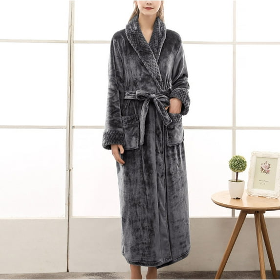 QUNYINEY Fleece Women Robe Sleepwear Solid Long Gray Bathrobe Long Sleeve Jacquard Heavyweight Shawl Collar Belt Loungewear