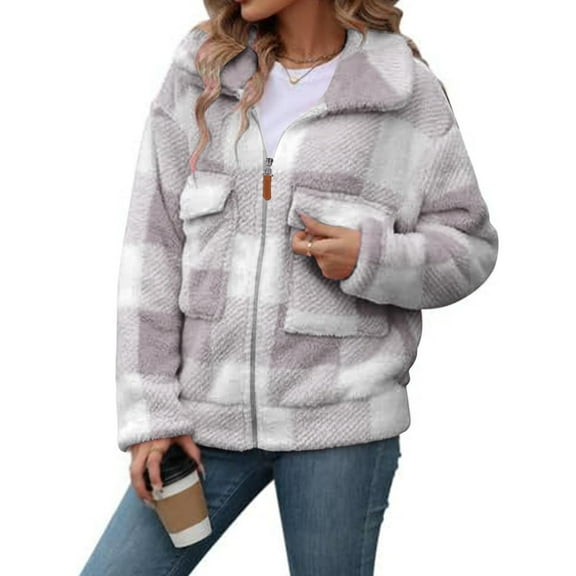 QUNYINEY Fleece Womens Coats Casual Zip Up Plaid White Lightweight Coats Mid-Length Long Sleeve Loose Lapel Collar with Pocket Hoodless Coats