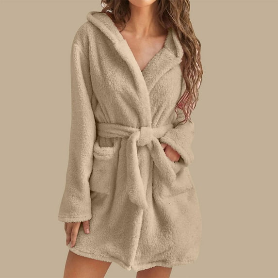 QUNYINEY Fleece Womens Robes Solid Bathrobe Short Yellow Loungewear with Pocket Heavyweight Long Sleeve Shawl Collar Warm Belt Sleepwear
