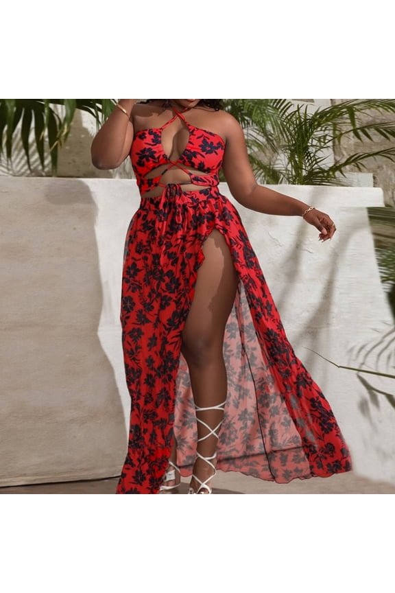 Floral Bikini Swimsuits for Women 2 Piece High Waisted String Plus Size Swimsuits Triangle with Skirt Women Swimsuit Sets