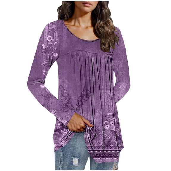 QUNYINEY Floral Shirts for Women Long Sleeve Purple Crew Neck Casual Tops Loose Pleated Pullover Drop Shoulder T-Shirts Women Tops