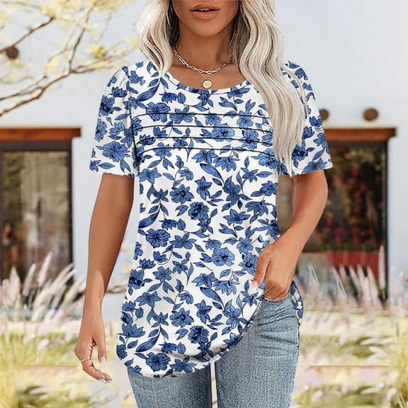QUNYINEY Floral Shirts for Women Pullover Crew Neck Short Sleeve Casual Tops Pleated Loose Tops for Women Trendy