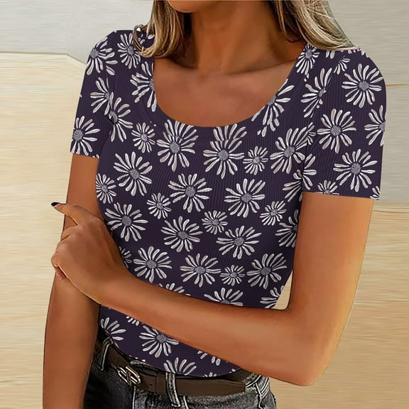 QUNYINEY Floral Shirts for Women Short Sleeve Casual Pullover Crew Neck Tops Ribbed Slim Womens Tops