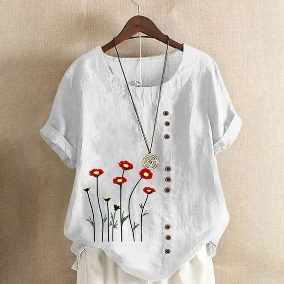 QUNYINEY Floral Shirts for Women Trendy Short Sleeve Pullover Casual Crew Neck Tops Linen Button Loose Womens Tops