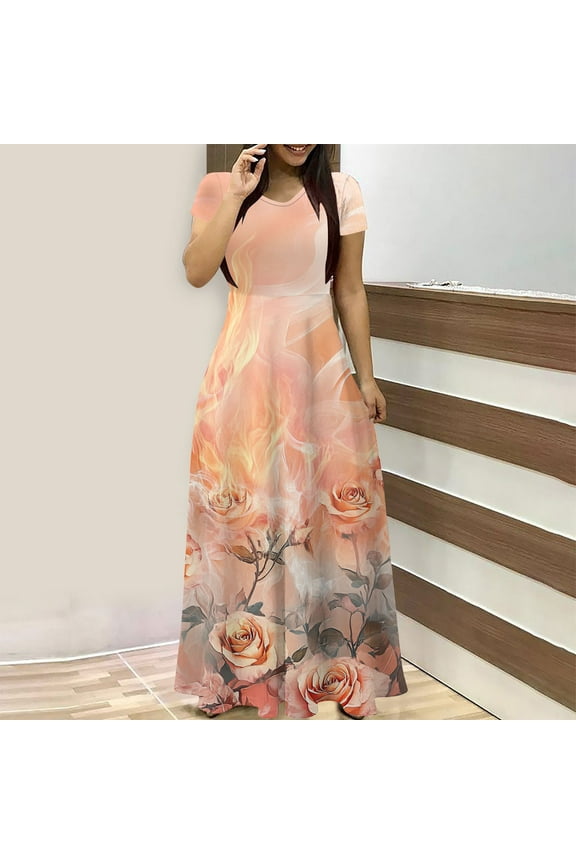 Floral Summer Dresses for Women 2025 Casual Short Sleeve A-Line Dress Crew Neck Flowy Empire Waist Maxi Sundress