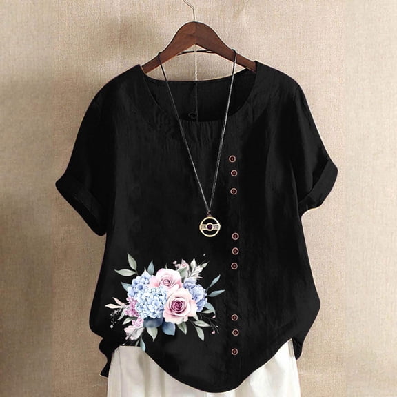 QUNYINEY Floral Summer Tops for Women Short Sleeve Crew Neck Casual Shirts Loose Pullover Linen Button Tops