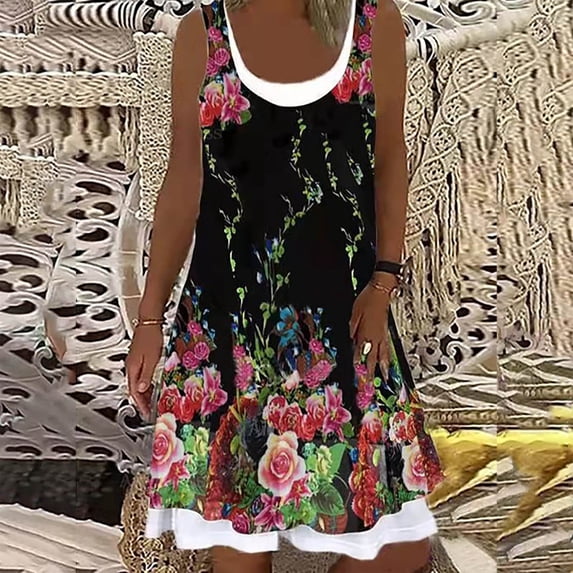 QUNYINEY Floral Sundresses for Women Casual Beach Summer Sleeveless Midi Dresses Vacation Loose Fit Crew Neck Dresses