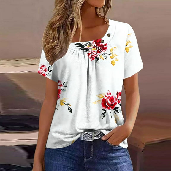 QUNYINEY Floral Tee Shirts Womens Square Neck Casual Short Sleeve Tops Pleated Button Loose Pullover Shirts