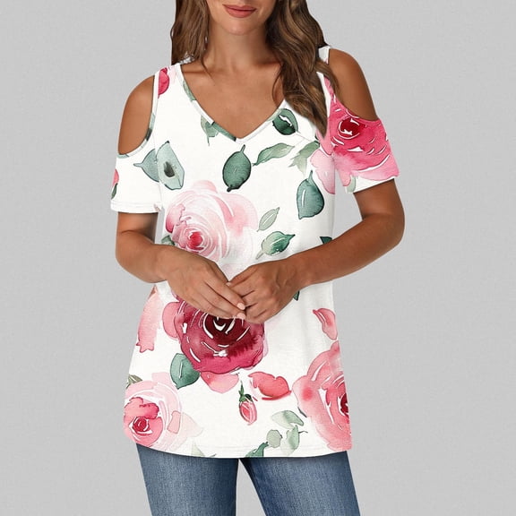 QUNYINEY Floral Tops for Women Casual V Neck Cold Shoulder Blouses Loose Short Sleeve Pullover Tops