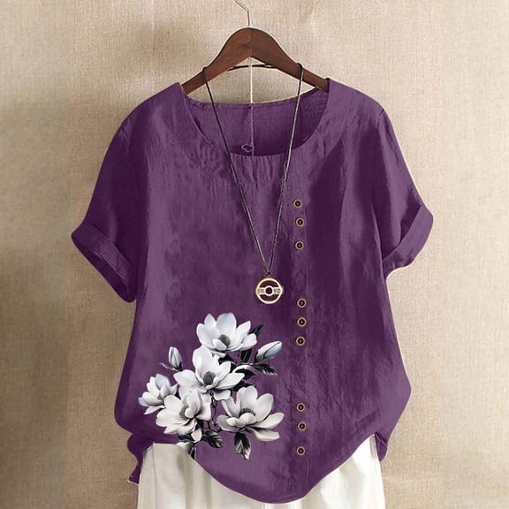QUNYINEY Floral Tops for Women Trendy Short Sleeve Casual Crew Neck Shirts Loose Linen Pullover Button Tops
