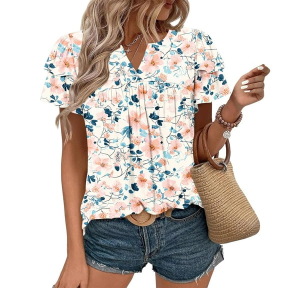 QUNYINEY Floral Trendy Tops for Women 2025 Casual V Neck Ruffle Short Sleeve Shirts Pleated Loose Pullover Tops