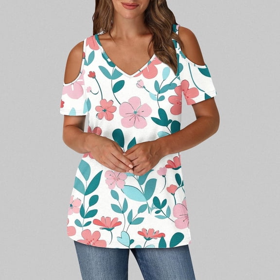 QUNYINEY Floral Trendy Tops for Women 2025 Cold Shoulder Casual V Neck Blouses Short Sleeve Loose Pullover Tops