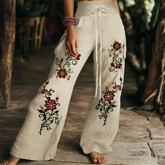 QUNYINEY Floral Wide Leg Pants for Women Palazzo High Waisted Casual Trousers Loose Fit Baggy with Pockets Elastic Waist Drawstring Trousers Pants for Women