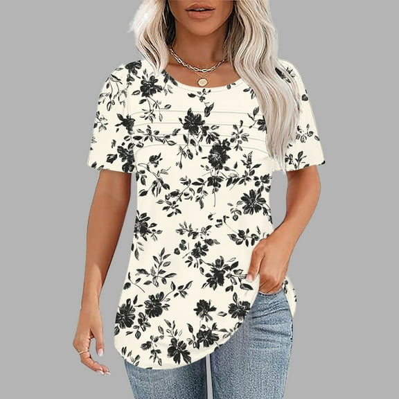 QUNYINEY Floral Women Blouses Crew Neck Short Sleeve Casual Tops Loose Pleated Pullover Tops for Women