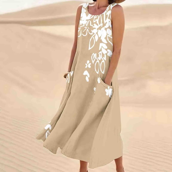 QUNYINEY Floral Women Dresses Sleeveless Casual A-Line Dress with Pockets Crew Neck Flowy Maxi Sundress