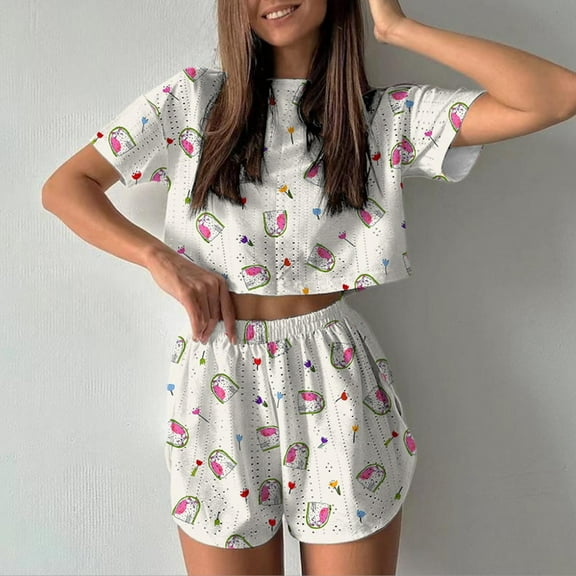 QUNYINEY Floral Women Lounge Set Crew Neck Cut Out Short Sleeve Sleepwear Shorts Comfy Loose Fit Women 2 Piece Outfits Sets