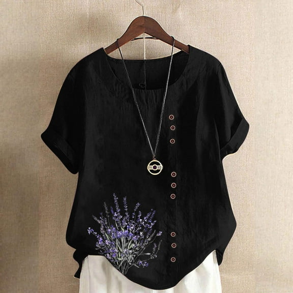 QUNYINEY Floral Women Shirts Casual Short Sleeve Crew Neck Tops Loose Pullover Cotton Linen Button Summer Women's Tops