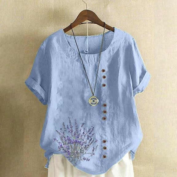 QUNYINEY Floral Women Shirts Casual Short Sleeve Crew Neck Tops Loose Pullover Cotton Linen Summer Button Women Tops