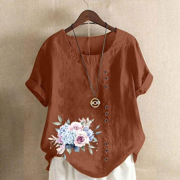 QUNYINEY Floral Women Tops Short Sleeve Crew Neck Casual Shirts Pullover Linen Button Loose Tops