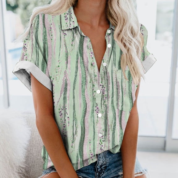 QUNYINEY Floral Women's Button Down Shirts Short Sleeve Casual Collared Tops Loose with Pocket Shirts