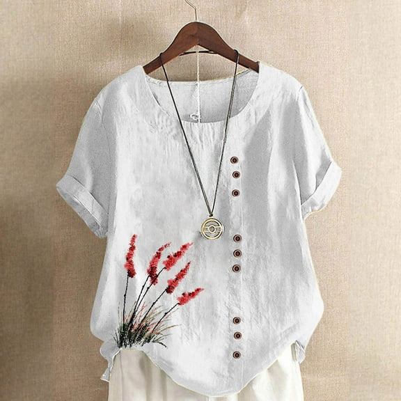 QUNYINEY Floral Women's Shirts Crew Neck Casual Short Sleeve Tops Loose Pullover Cotton Linen Button Shirts