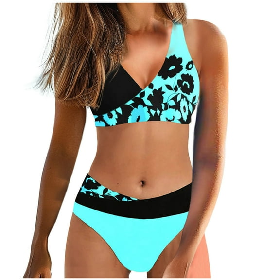 QUNYINEY Floral Women's Swimwear Bikinis Tie Back V Neck Bathing Suit High Waisted Two Piece Swimsuit Sets