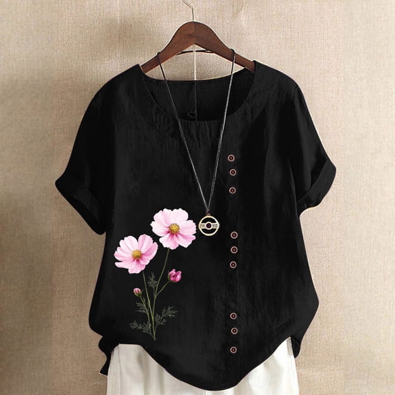 QUNYINEY Floral Women's T-Shirts Casual Short Sleeve Crew Neck Tops Cotton Linen Loose Plus Size Pullover Spring Tops for Women