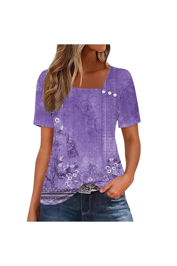 Floral Women's T-Shirts Casual Short Sleeve V Neck Tops Loose Summer Button Pullover Women Tops