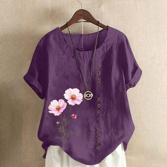 QUNYINEY Floral Women's T-Shirts Crew Neck Casual Short Sleeve Tops Loose Plus Size Cotton Linen Pullover Spring Tops for Women
