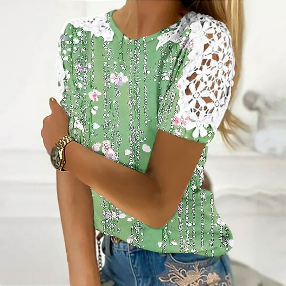 QUNYINEY Floral Women's T Shirts Short Sleeve Casual Crew Neck Tops Lace Pullover Summer Loose Tops for Women